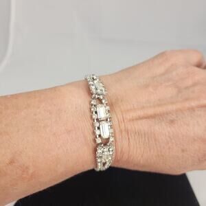Vintage Beautiful Deco Signed Kramer of NY Rhinestone Bracelet with Safety Chain